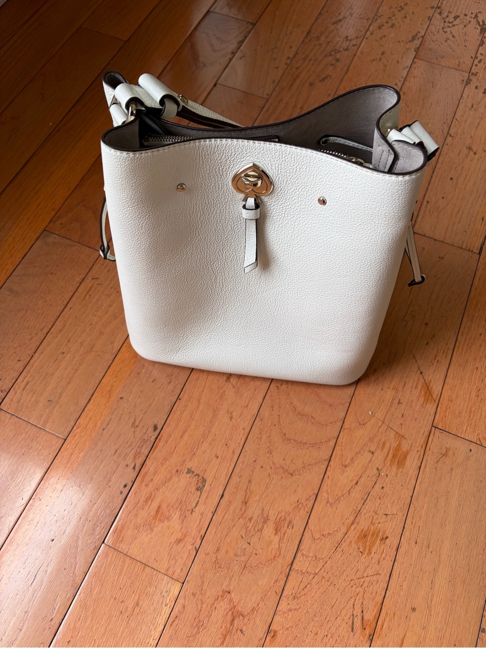 Kate Spade MartiWhite Pebbled Leather Bucket Bag with Gold Accent